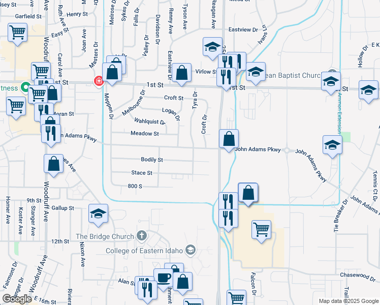map of restaurants, bars, coffee shops, grocery stores, and more near 548 Tyra Dr in Idaho Falls