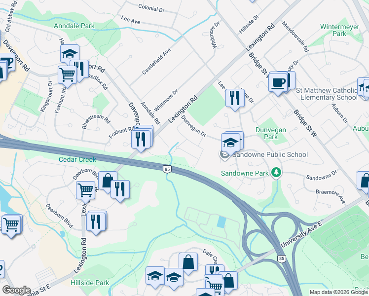 map of restaurants, bars, coffee shops, grocery stores, and more near 420 Cadbury Court in Waterloo