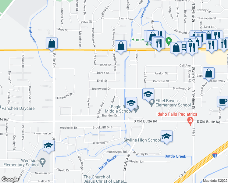 map of restaurants, bars, coffee shops, grocery stores, and more near 2169 Brentwood Drive in Idaho Falls