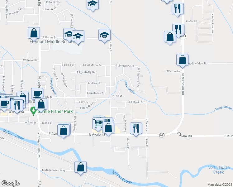 map of restaurants, bars, coffee shops, grocery stores, and more near 485 North Lahar Place in Kuna