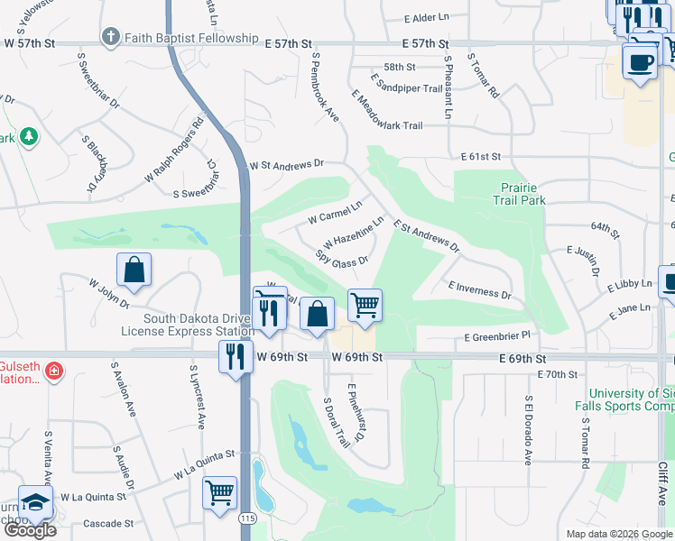 map of restaurants, bars, coffee shops, grocery stores, and more near 205 South Spyglass Drive in Sioux Falls