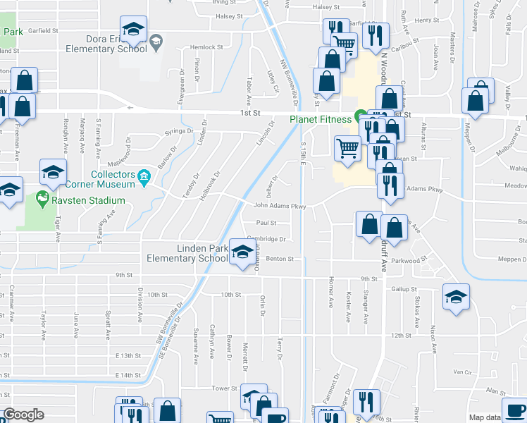 map of restaurants, bars, coffee shops, grocery stores, and more near 1380 John Adams Parkway in Idaho Falls