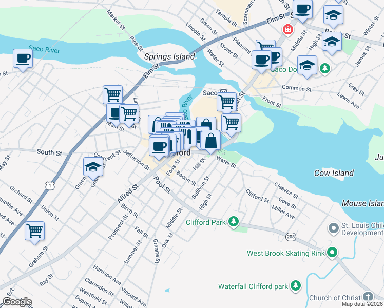map of restaurants, bars, coffee shops, grocery stores, and more near 53 Main Street in Biddeford