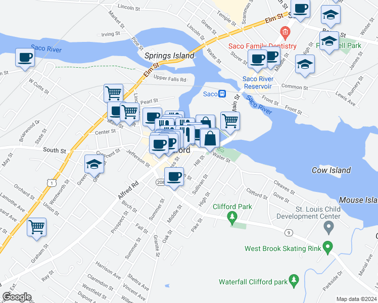 map of restaurants, bars, coffee shops, grocery stores, and more near 53 Main Street in Biddeford
