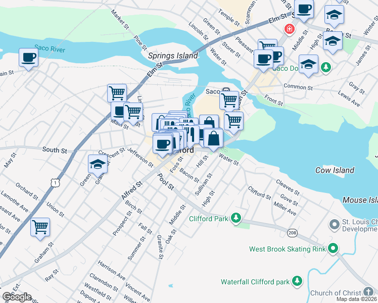 map of restaurants, bars, coffee shops, grocery stores, and more near 53 Main Street in Biddeford