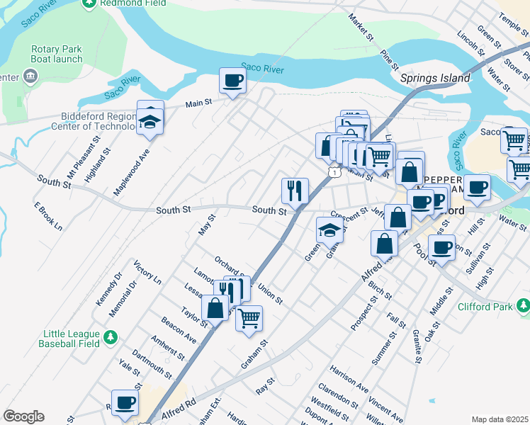 map of restaurants, bars, coffee shops, grocery stores, and more near 113 South Street in Biddeford