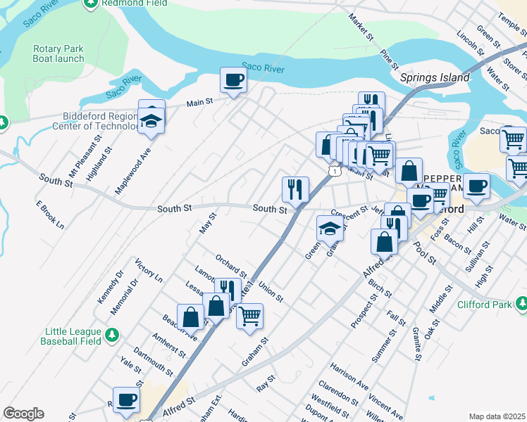 map of restaurants, bars, coffee shops, grocery stores, and more near 113 South Street in Biddeford