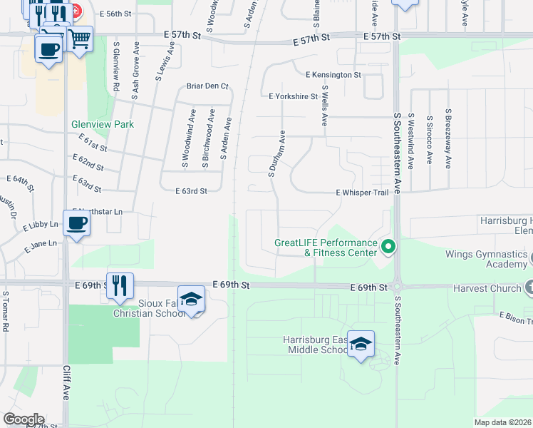 map of restaurants, bars, coffee shops, grocery stores, and more near 5701 South Bounty Place in Sioux Falls