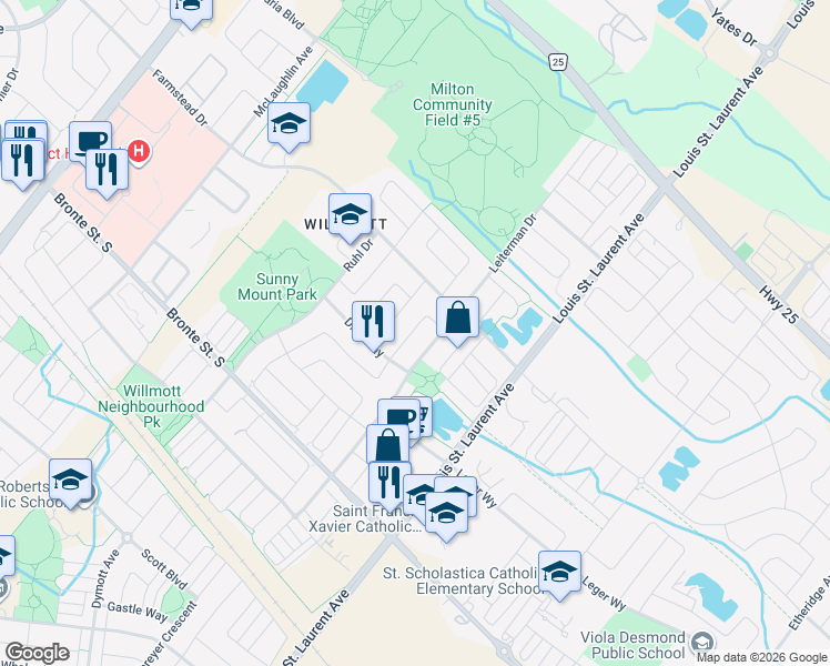 map of restaurants, bars, coffee shops, grocery stores, and more near 436 Zuest Crescent in Milton