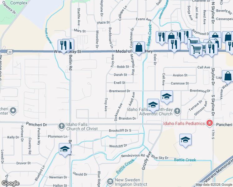 map of restaurants, bars, coffee shops, grocery stores, and more near 600 Brentwood Circle in Idaho Falls