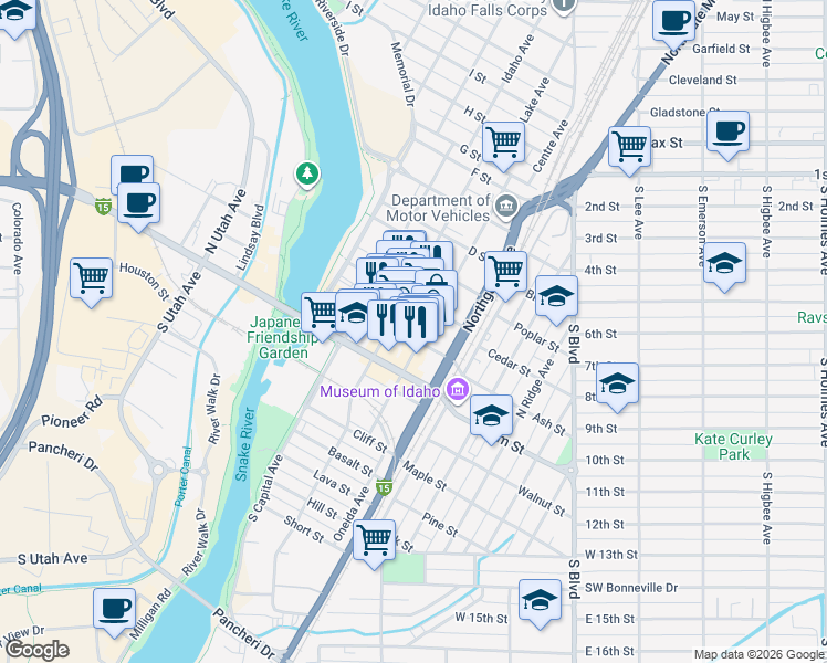 map of restaurants, bars, coffee shops, grocery stores, and more near 320 A Street in Idaho Falls