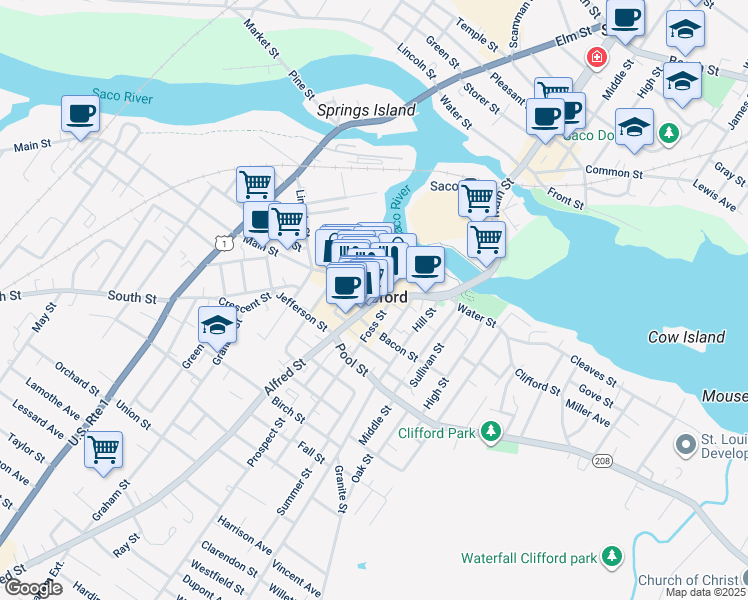 map of restaurants, bars, coffee shops, grocery stores, and more near State Route 9 in Biddeford