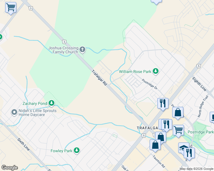 map of restaurants, bars, coffee shops, grocery stores, and more near 3200 Trafalgar Road in Oakville