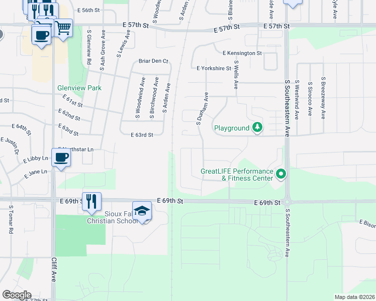 map of restaurants, bars, coffee shops, grocery stores, and more near 5701 South Bounty Place in Sioux Falls