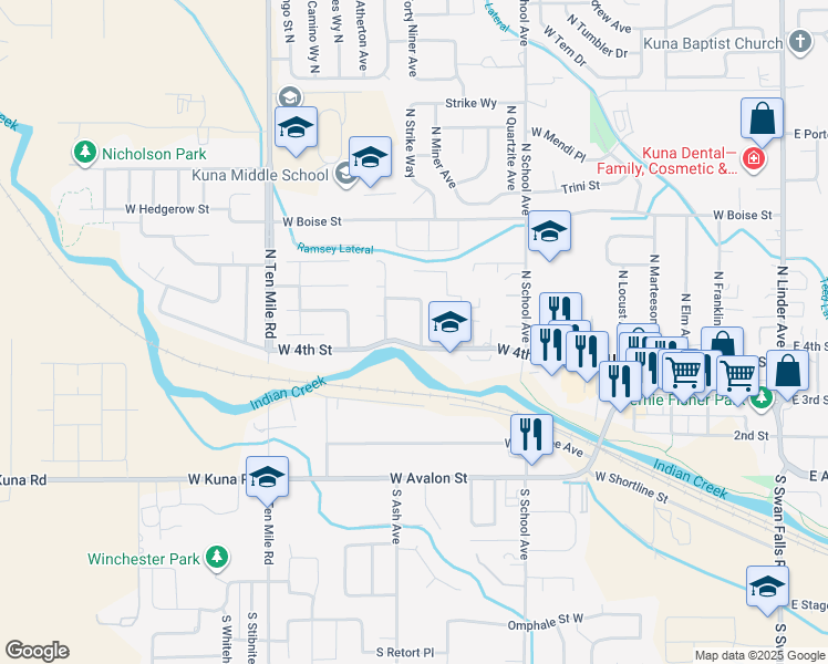 map of restaurants, bars, coffee shops, grocery stores, and more near 493 North Great Oaks Avenue in Kuna