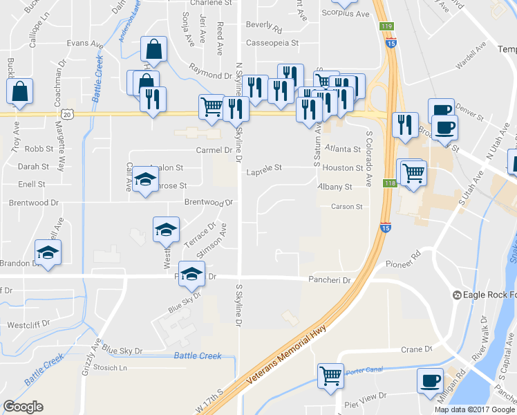 map of restaurants, bars, coffee shops, grocery stores, and more near 555 Vassar Way in Idaho Falls