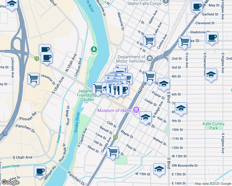map of restaurants, bars, coffee shops, grocery stores, and more near 393 Park Avenue in Idaho Falls