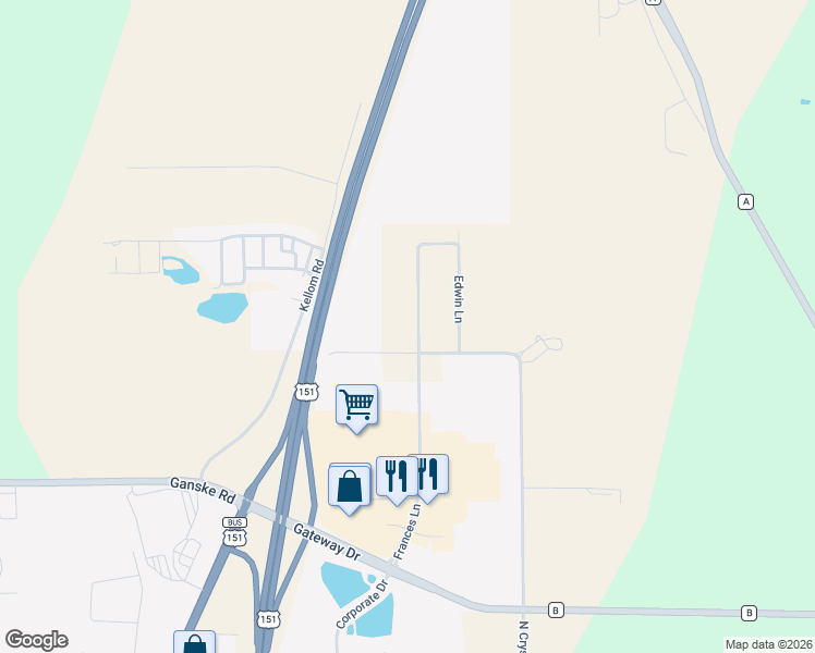 map of restaurants, bars, coffee shops, grocery stores, and more near N8219 Frances Lane in Beaver Dam