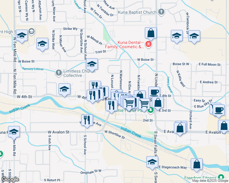map of restaurants, bars, coffee shops, grocery stores, and more near 476 North Locust Avenue in Kuna
