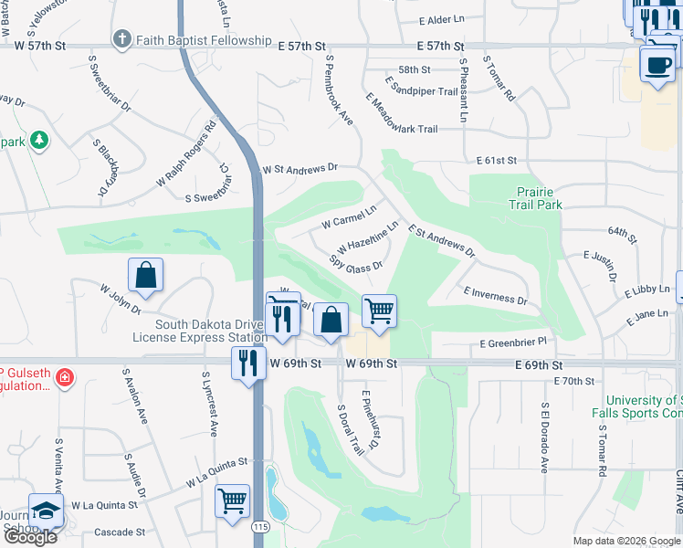 map of restaurants, bars, coffee shops, grocery stores, and more near 205 South Spyglass Drive in Sioux Falls