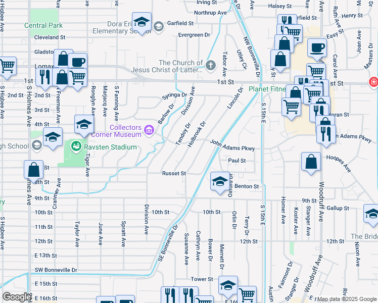 map of restaurants, bars, coffee shops, grocery stores, and more near 577 Holbrook Drive in Idaho Falls