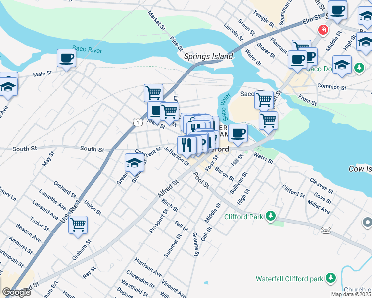 map of restaurants, bars, coffee shops, grocery stores, and more near 35 Washington St in Biddeford