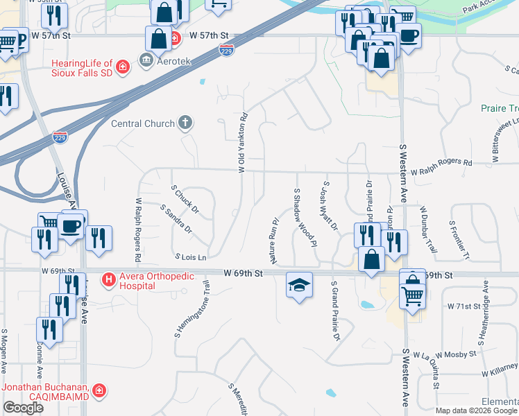 map of restaurants, bars, coffee shops, grocery stores, and more near 5700 South Lazy Ridge Place in Sioux Falls
