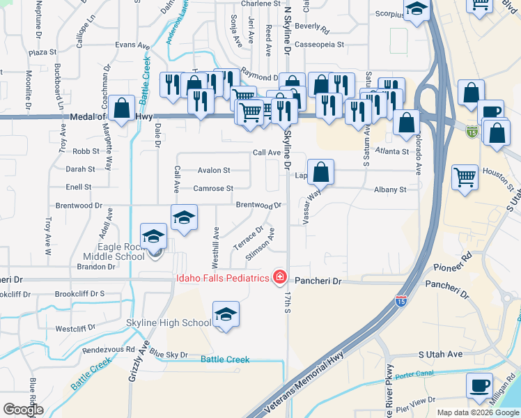 map of restaurants, bars, coffee shops, grocery stores, and more near 1685 Brentwood Drive in Idaho Falls