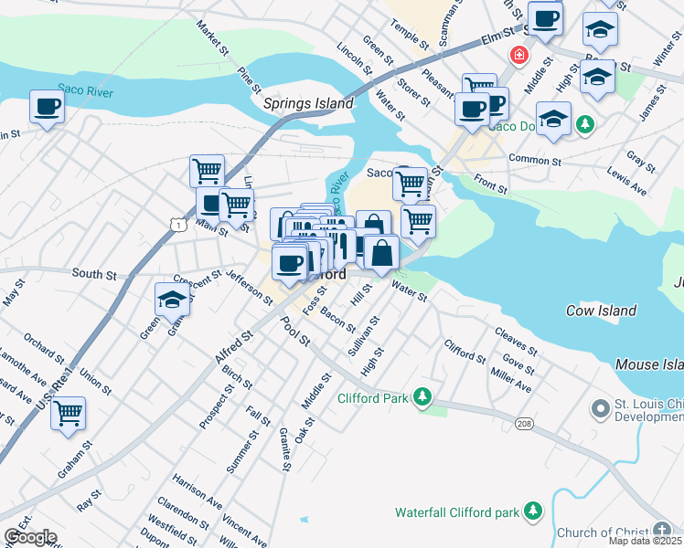 map of restaurants, bars, coffee shops, grocery stores, and more near 53 Main Street in Biddeford
