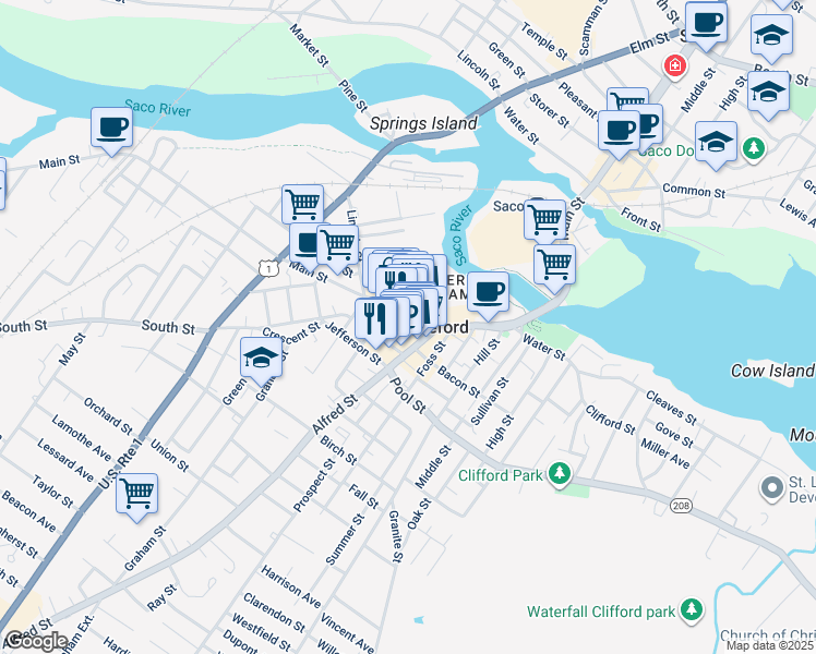 map of restaurants, bars, coffee shops, grocery stores, and more near 27 Washington Street in Biddeford