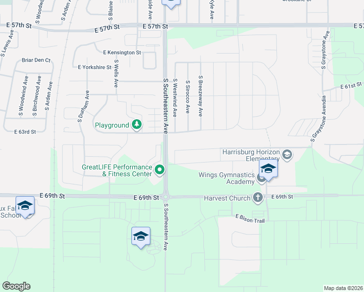 map of restaurants, bars, coffee shops, grocery stores, and more near 3204 East Brewster Street in Sioux Falls