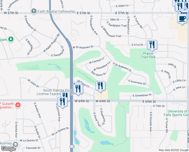 map of restaurants, bars, coffee shops, grocery stores, and more near 205 South Spyglass Drive in Sioux Falls