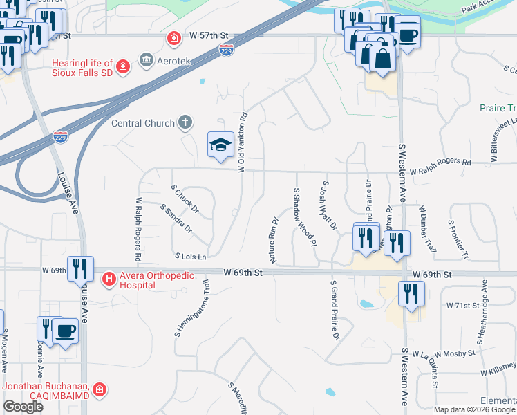 map of restaurants, bars, coffee shops, grocery stores, and more near 5700 South Lazy Ridge Place in Sioux Falls