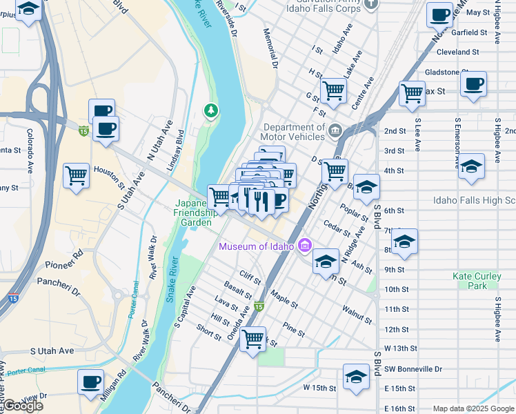 map of restaurants, bars, coffee shops, grocery stores, and more near 393 Park Avenue in Idaho Falls