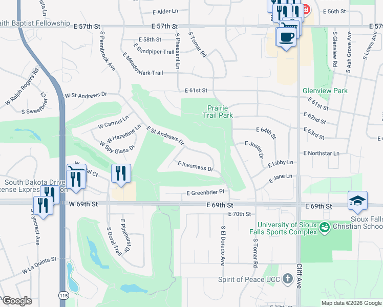 map of restaurants, bars, coffee shops, grocery stores, and more near 605 East Saint Andrews Drive in Sioux Falls