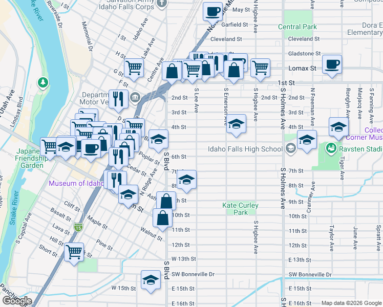 map of restaurants, bars, coffee shops, grocery stores, and more near 167 6th Street in Idaho Falls