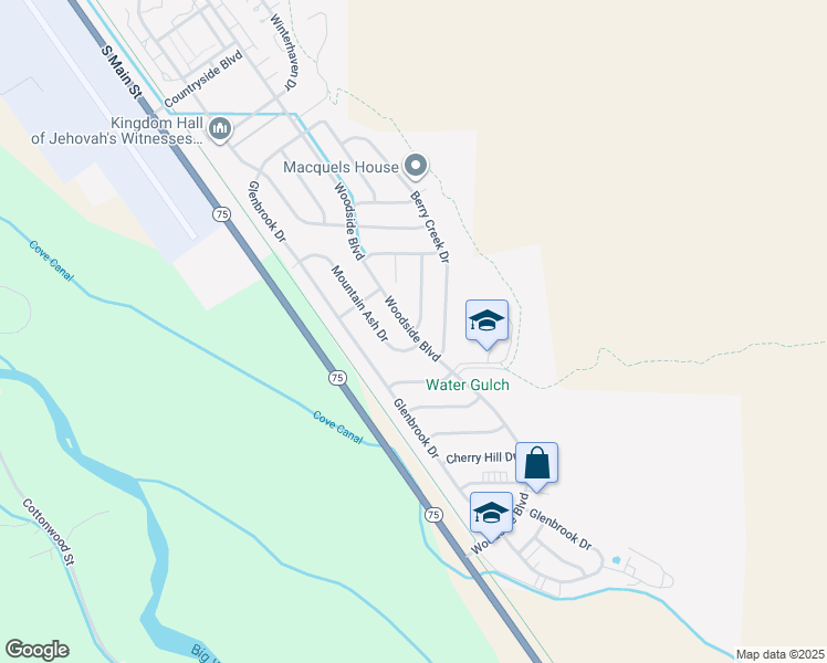 map of restaurants, bars, coffee shops, grocery stores, and more near 3323 Woodside Blvd in Hailey