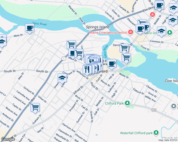 map of restaurants, bars, coffee shops, grocery stores, and more near 27 Washington Street in Biddeford