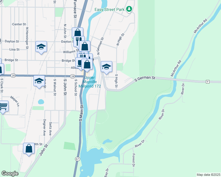 map of restaurants, bars, coffee shops, grocery stores, and more near 316 South German Street in Mayville