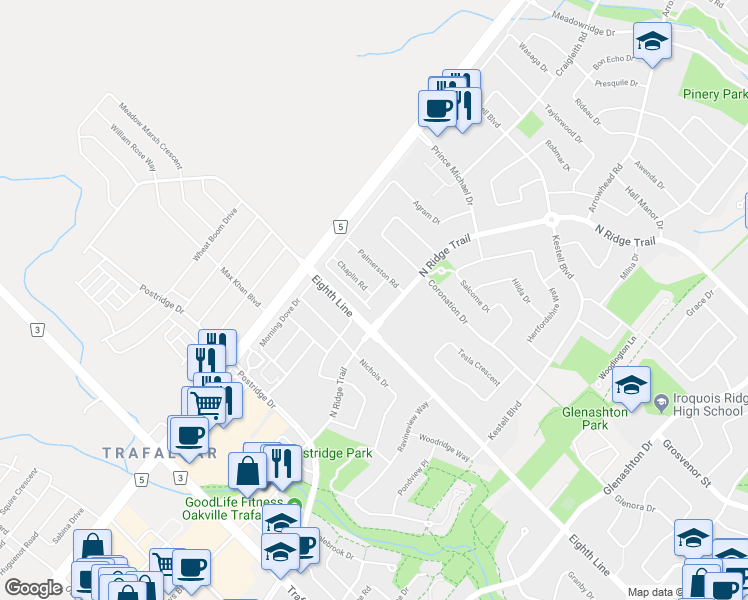 map of restaurants, bars, coffee shops, grocery stores, and more near 1030 Lonsdale Lane in Oakville