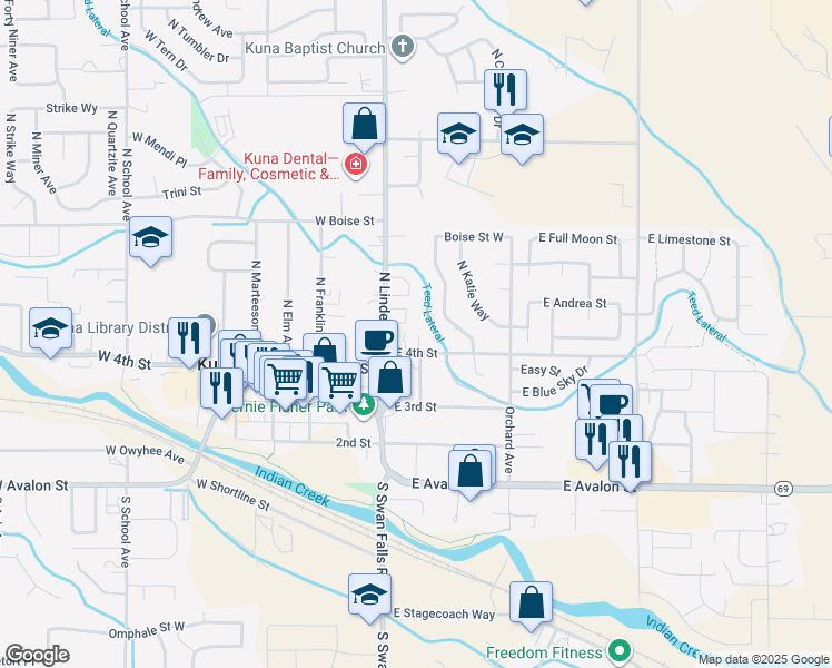 map of restaurants, bars, coffee shops, grocery stores, and more near 202 East 4th Street in Kuna