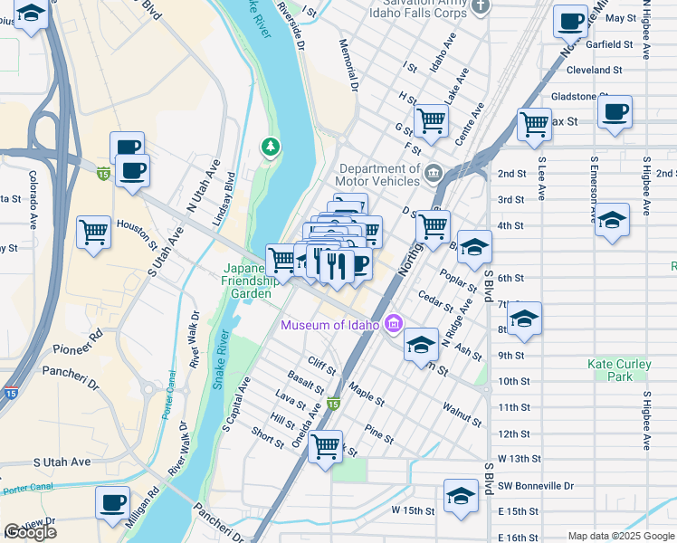 map of restaurants, bars, coffee shops, grocery stores, and more near  in Idaho Falls
