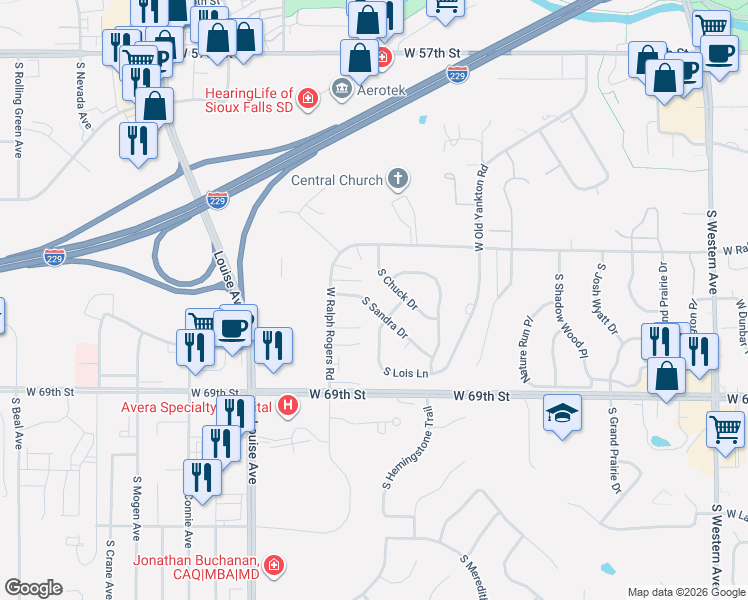 map of restaurants, bars, coffee shops, grocery stores, and more near 5612 South Sandra Drive in Sioux Falls