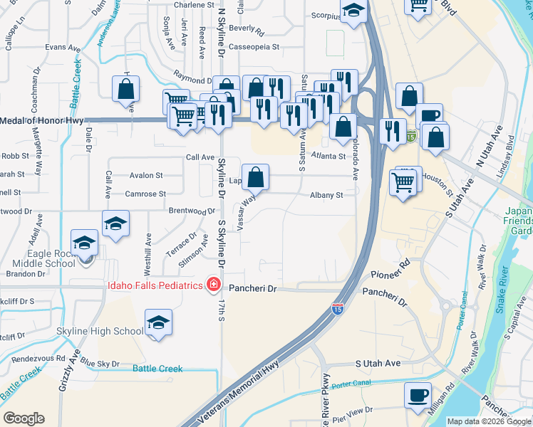 map of restaurants, bars, coffee shops, grocery stores, and more near 1551 Dartmouth Drive in Idaho Falls