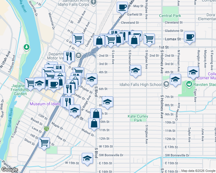 map of restaurants, bars, coffee shops, grocery stores, and more near 167 6th Street in Idaho Falls