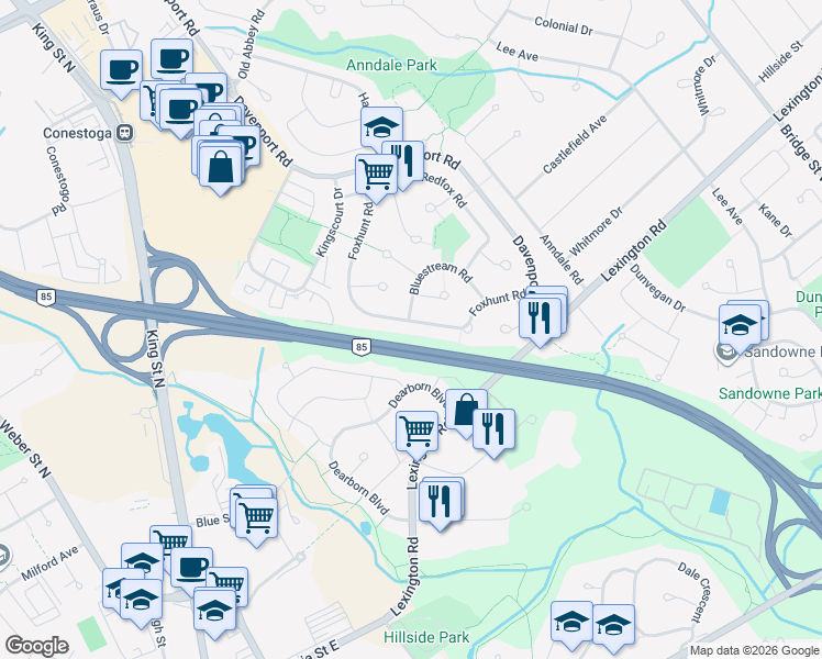 map of restaurants, bars, coffee shops, grocery stores, and more near 165 Foxhunt Road in Waterloo