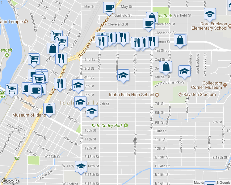 map of restaurants, bars, coffee shops, grocery stores, and more near 295 6th Street in Idaho Falls