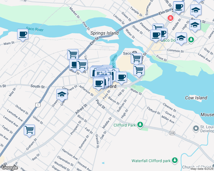 map of restaurants, bars, coffee shops, grocery stores, and more near in Biddeford