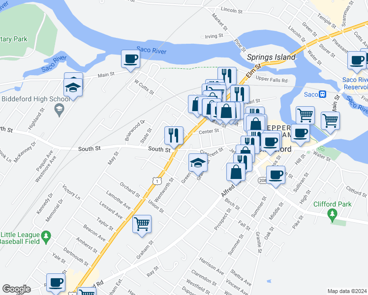map of restaurants, bars, coffee shops, grocery stores, and more near 1 Wentworth Street in Biddeford
