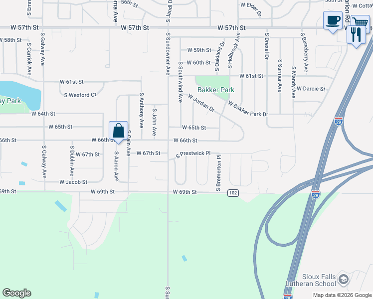 map of restaurants, bars, coffee shops, grocery stores, and more near 6042-6070 S Prestwick Pl in Sioux Falls